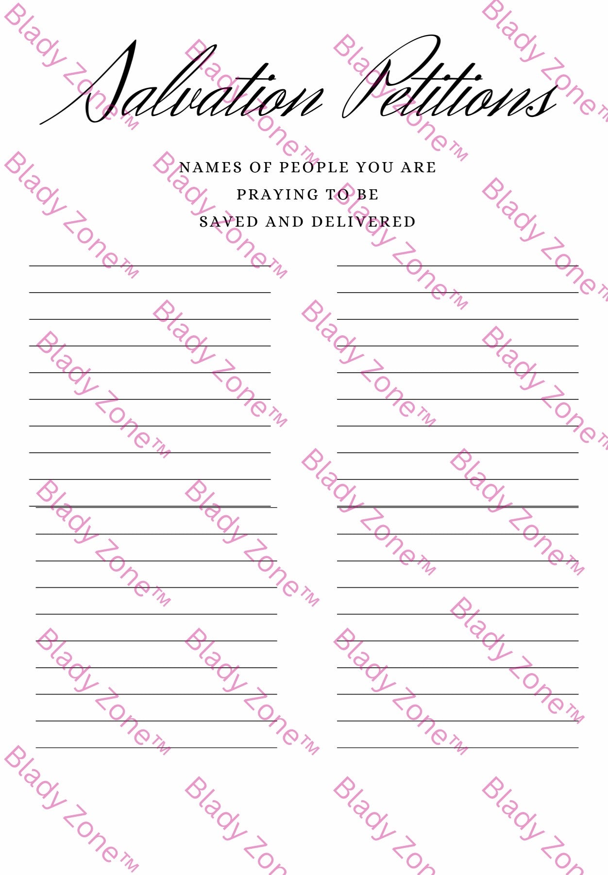 Salvation Petitions Printable Sheet