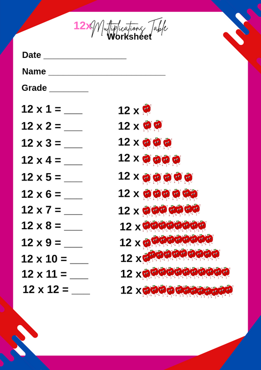 12x Multiplication Table Printable Worksheet
