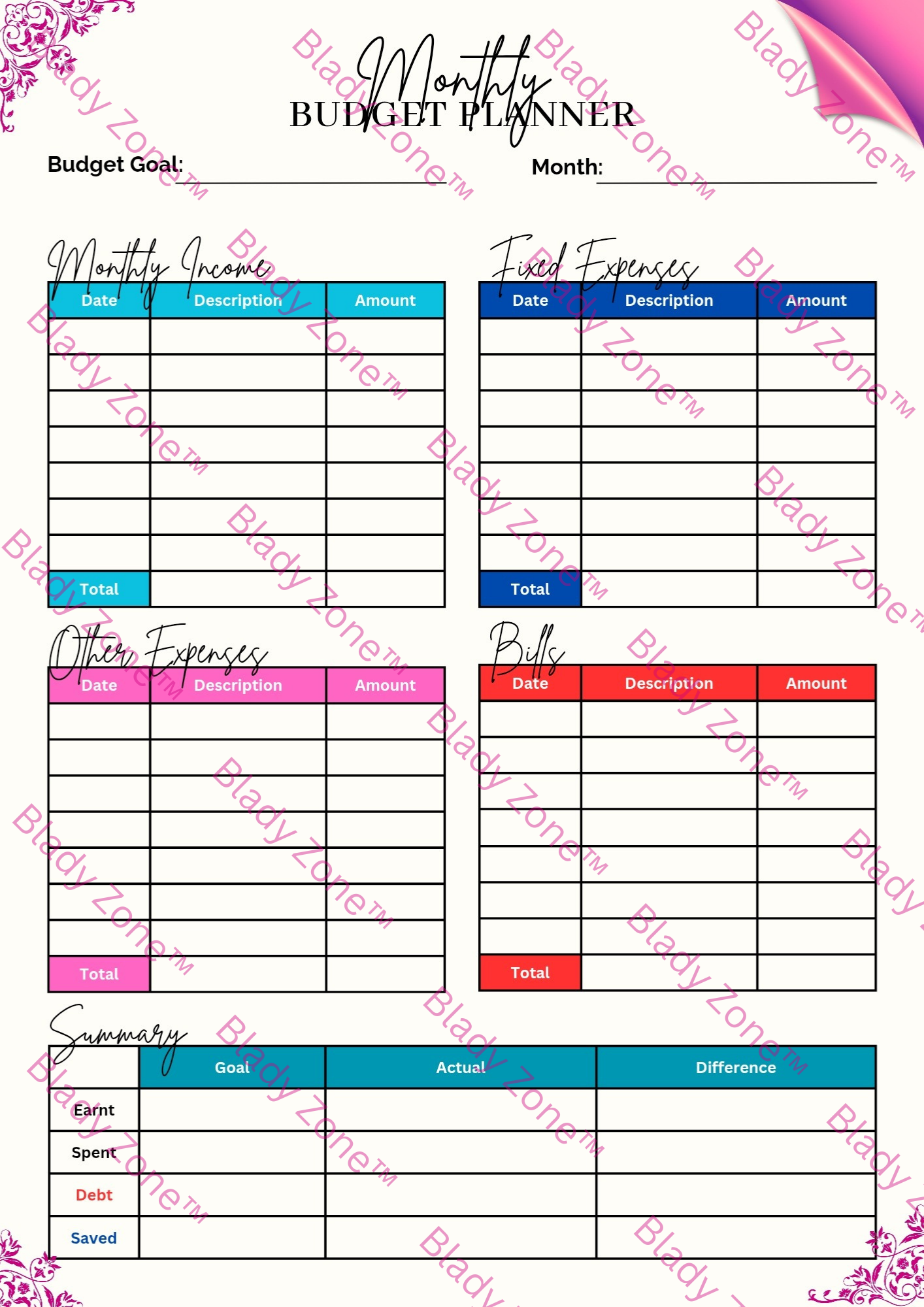 Monthly Budget Planner Printable Sheet