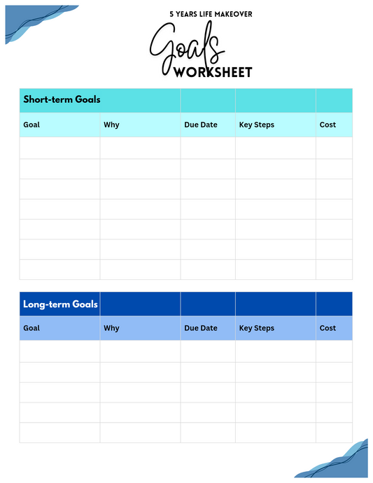 5 Years Life Makeover Goals Printable Worksheet